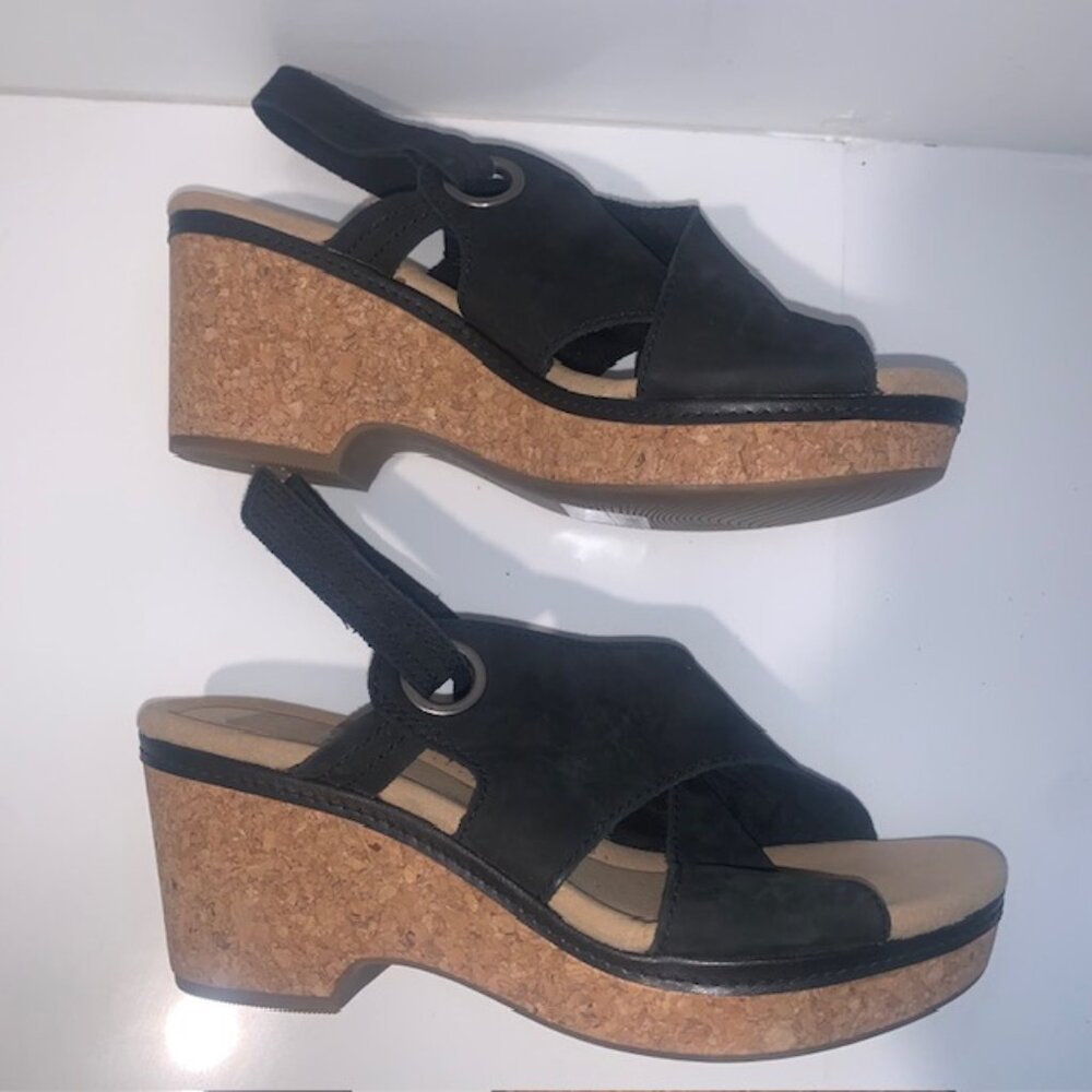 Clarks Collection Comfort Black Suede Criss-Cross Cork Wedge Sandals - 9.5